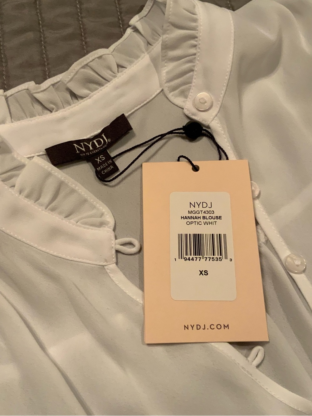 Women’s NYDJ Hannah White Ruffle-Neck Blouse, size XS, NWT - Picture 3 of 5